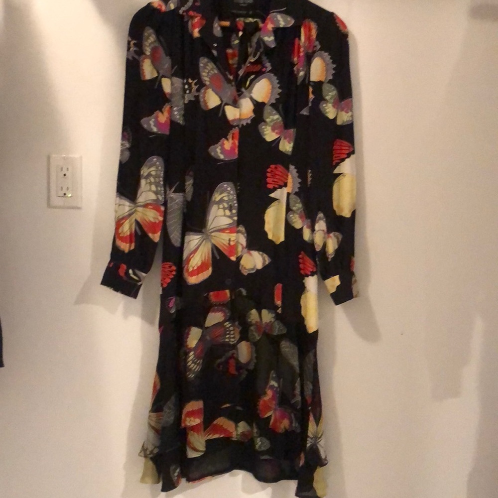 Silk butterfly printed shirt dress